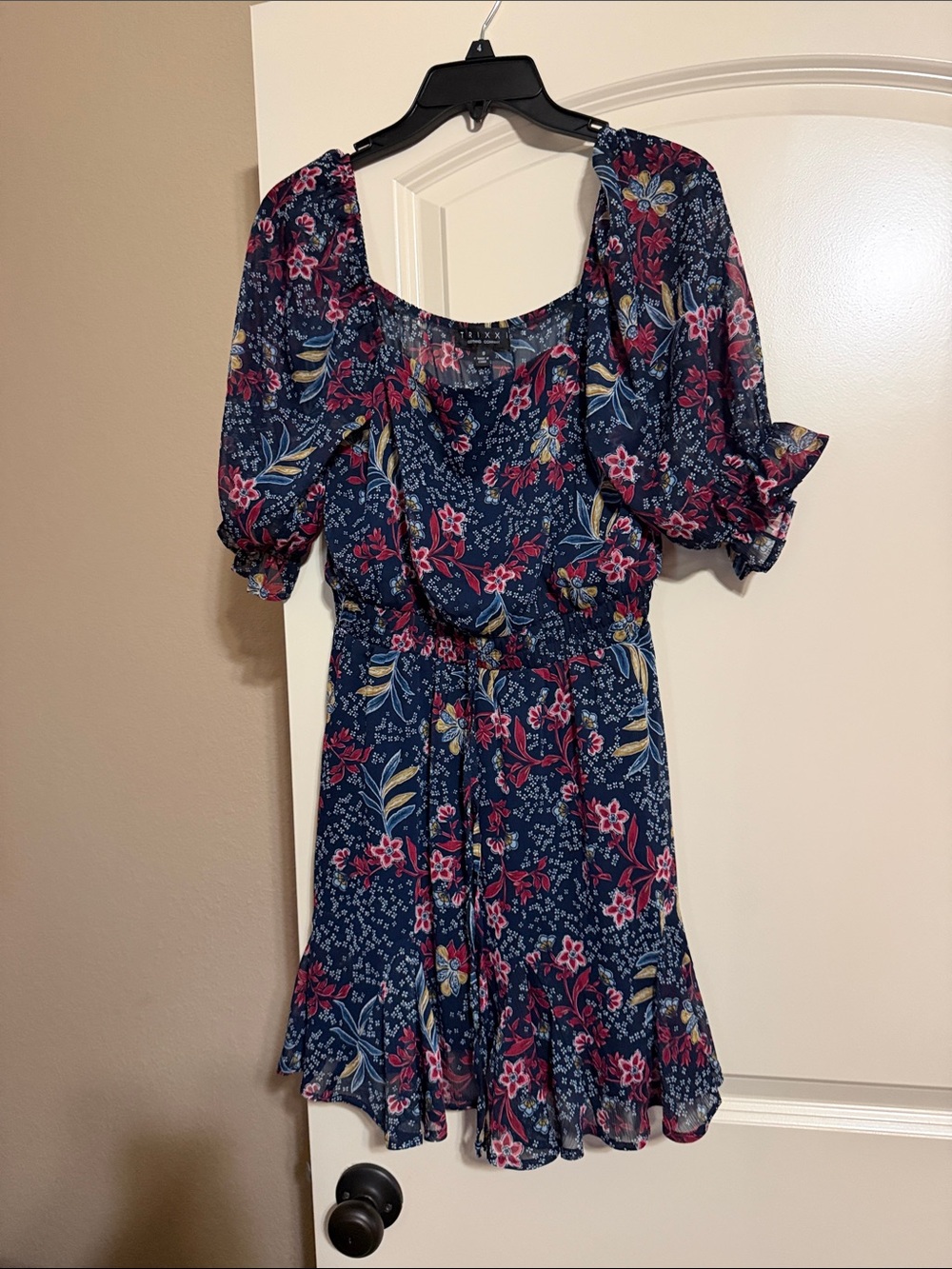 Floral Navy Puff-Sleeve Mini Dress with Waist Tie